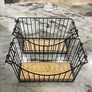 Huntington Home Black Wire Storage Baskets with Wooden Base (Set of 2)